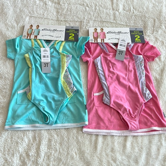 2 Eddie Bauer Girls Swim Set One Piece Swimsuit & Cover Up Sz 3T Pink Green New - Picture 1 of 10
